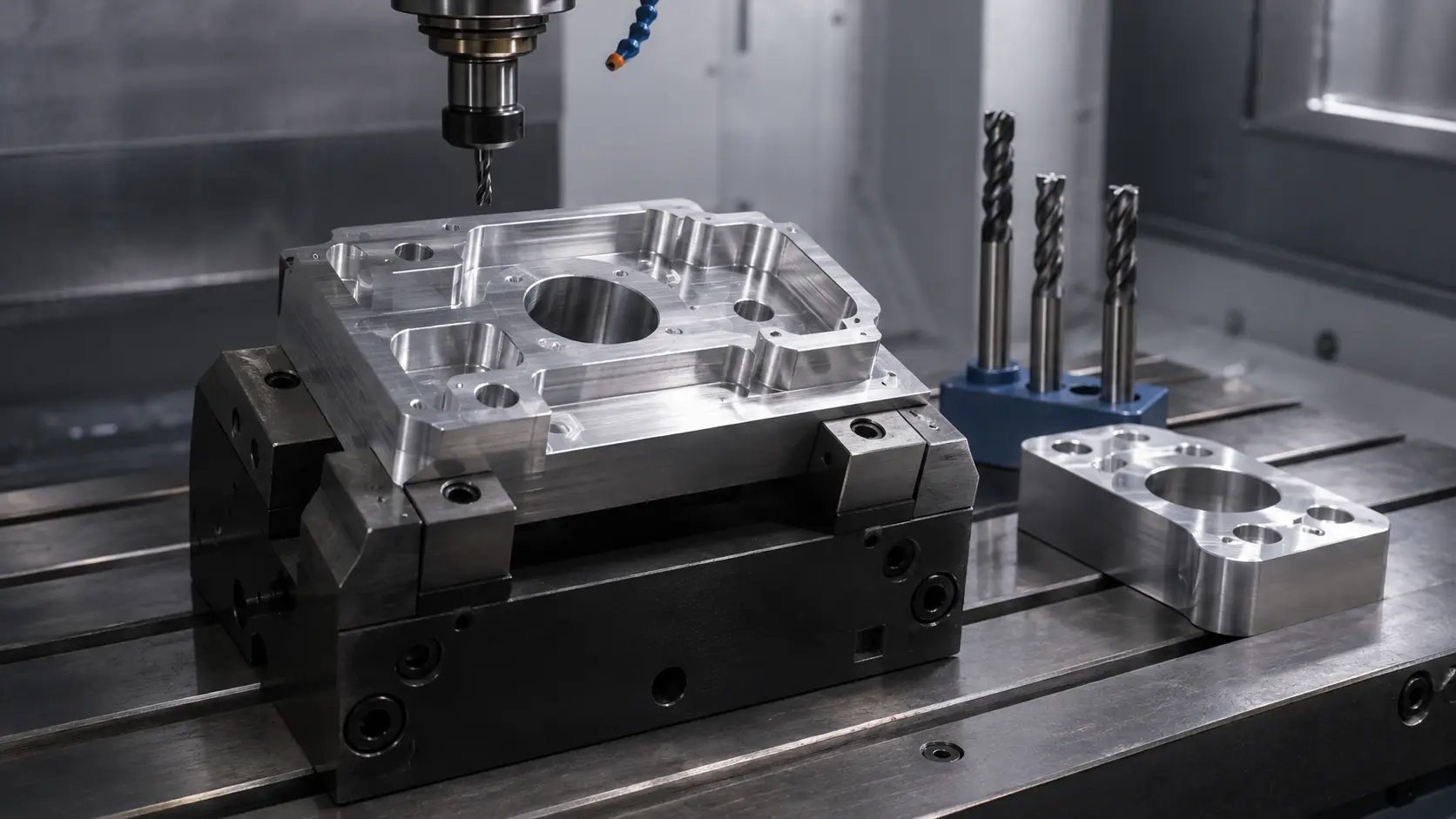 Fräsgerecht gestaltetes Aluminiumteil in stabiler Aufspannung mit Schaftfräsern