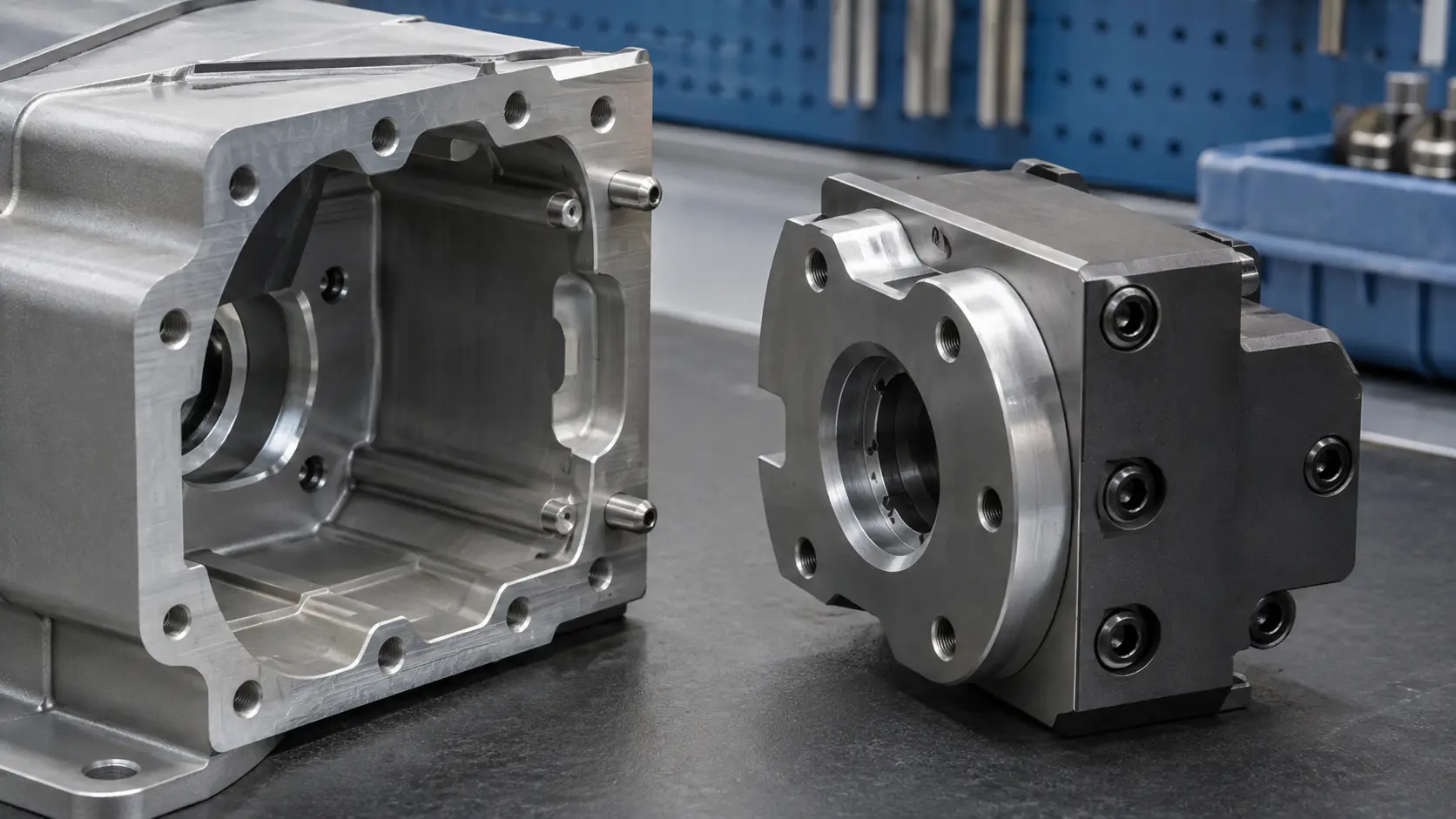 Mechanische Baugruppe vor dem Fügen mit Passstiften und Fehlmontagesicherung