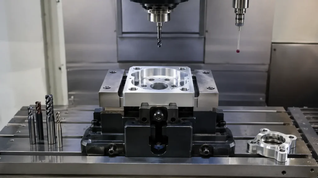 CNC-gefrästes Aluminiumbauteil mit Werkzeugen und Spannmitteln