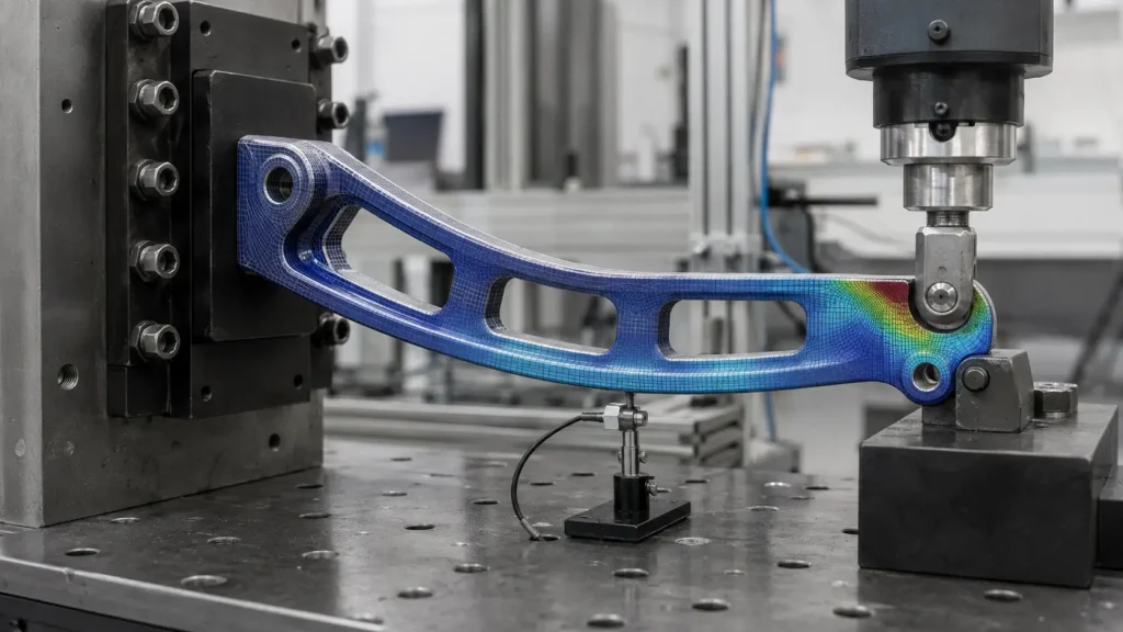 Mechanisches Bauteil im Prüfstand mit Finite-Elemente-Netz