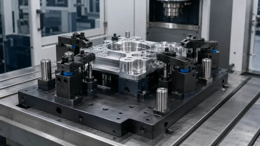 Werkstück in präziser Spannvorrichtung auf einem Maschinenmodul