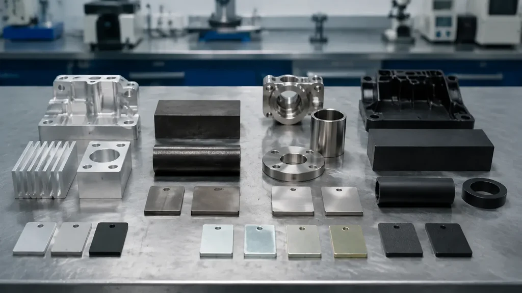Bauteilmuster aus Stahl, Aluminium und Edelstahl mit unterschiedlichen Oberflächen